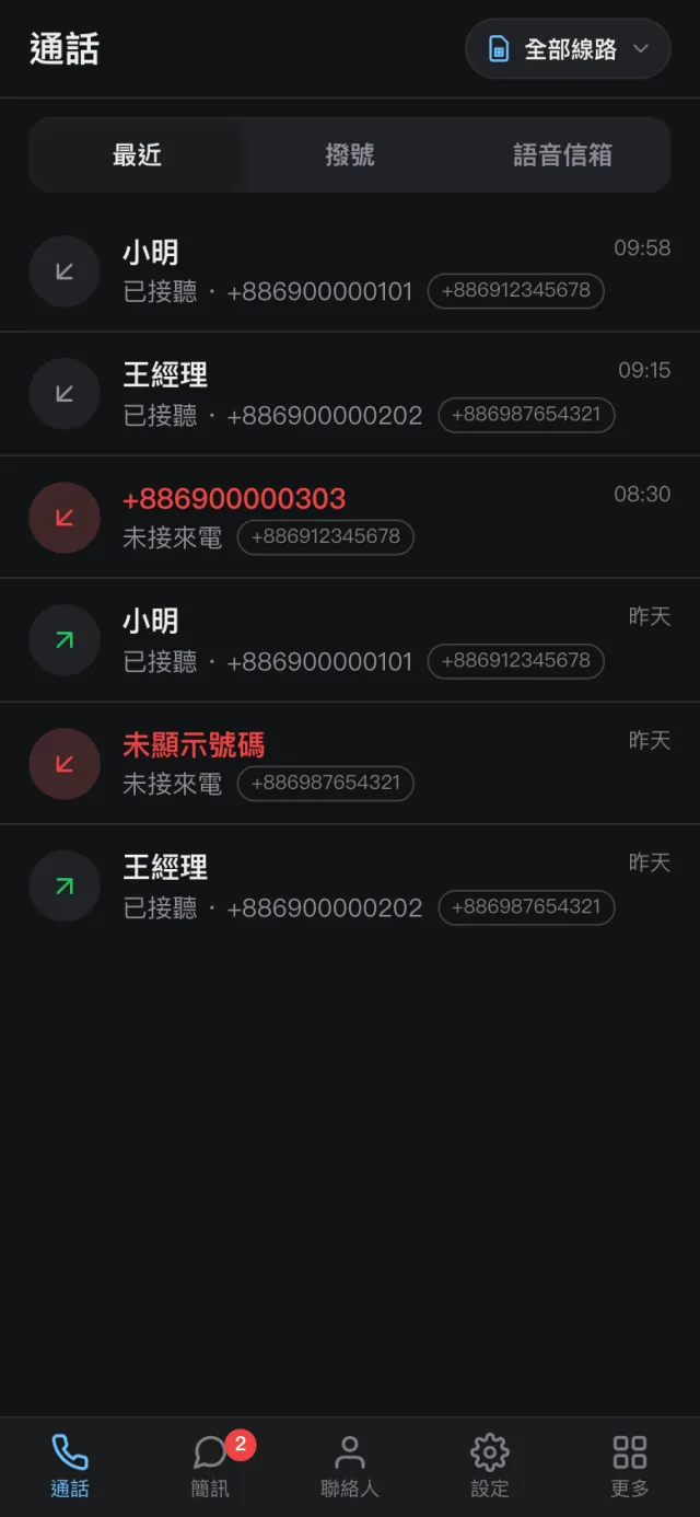 The Cevix phone app's call history (Chinese interface): answered, missed and outgoing calls, each marked with its line.